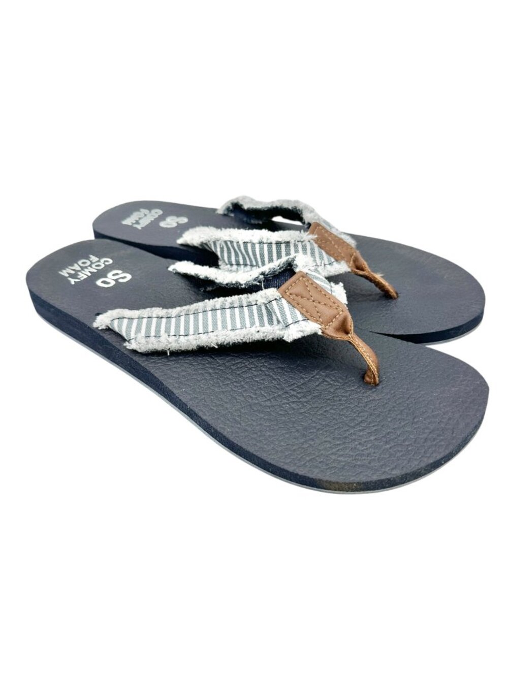 So Comfy Foam Womens Denim Flip-Flops Size 10 Striped Straps Faux Leather Accent